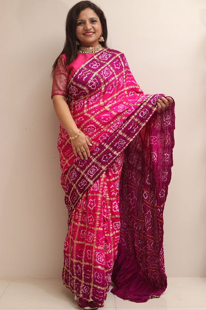 Vibrant Pink & Purple Bandhani Pure Gajji Silk Saree - Luxurion World
