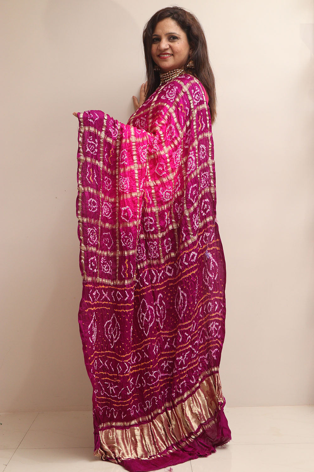 Vibrant Pink & Purple Bandhani Pure Gajji Silk Gharchola Saree - Luxurion World