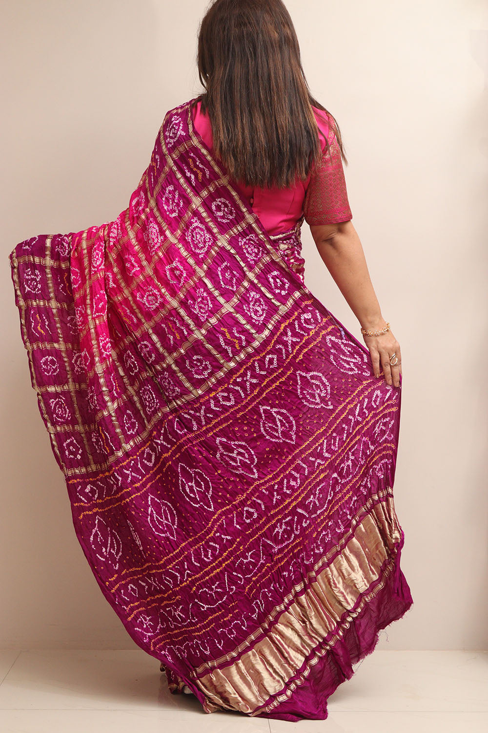 Vibrant Pink & Purple Bandhani Pure Gajji Silk Saree - Luxurion World