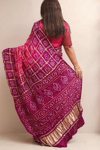 Vibrant Pink & Purple Bandhani Pure Gajji Silk Saree - Luxurion World