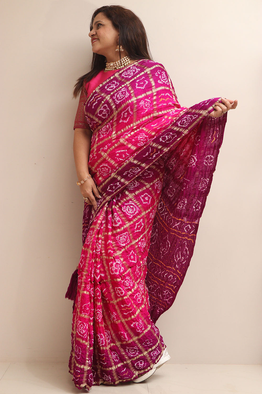 Vibrant Pink & Purple Bandhani Pure Gajji Silk Gharchola Saree - Luxurion World