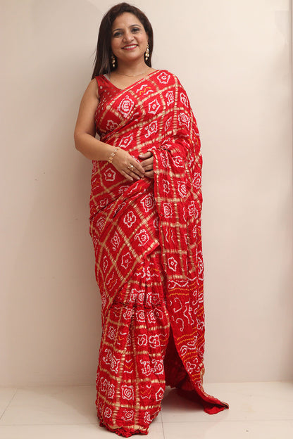 Stunning Red Bandhani Pure Gajji Silk Saree - Luxurion World
