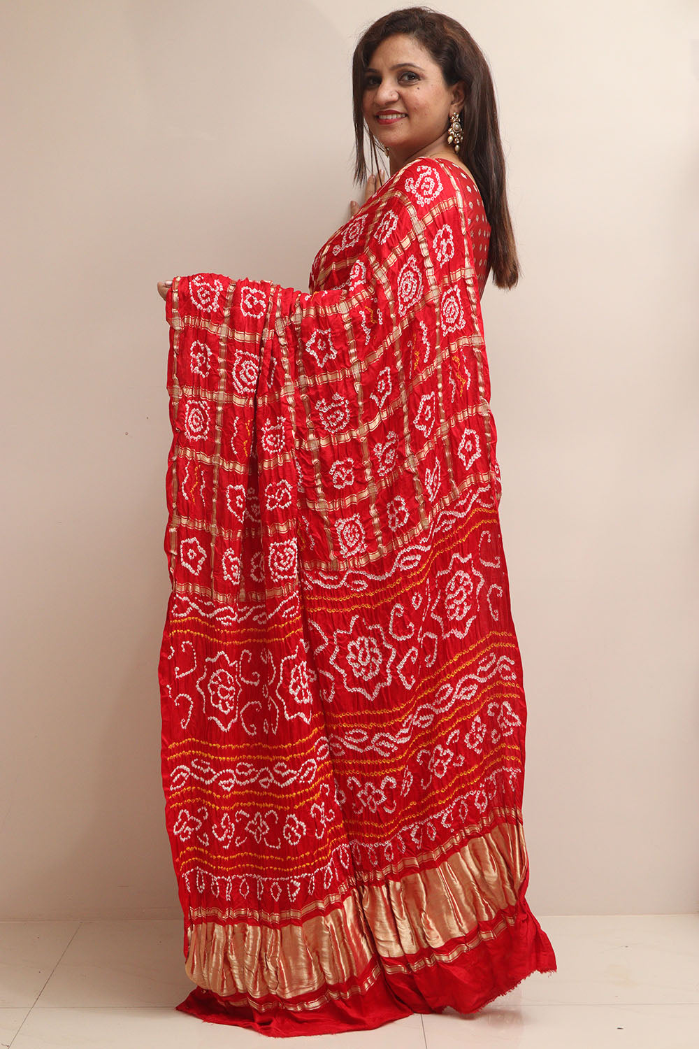 Stunning Red Bandhani Pure Gajji Silk Saree - Luxurion World