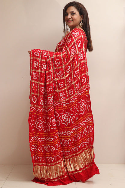 Stunning Red Bandhani Pure Gajji Silk Saree - Luxurion World