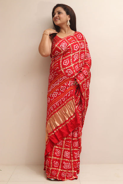 Stunning Red Bandhani Pure Gajji Silk Saree - Luxurion World