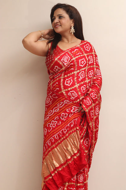 Stunning Red Bandhani Pure Gajji Silk Saree - Luxurion World