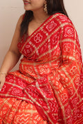 Red & Orange Bandhani Pure Gajji Silk Gharchola Saree - Luxurion World