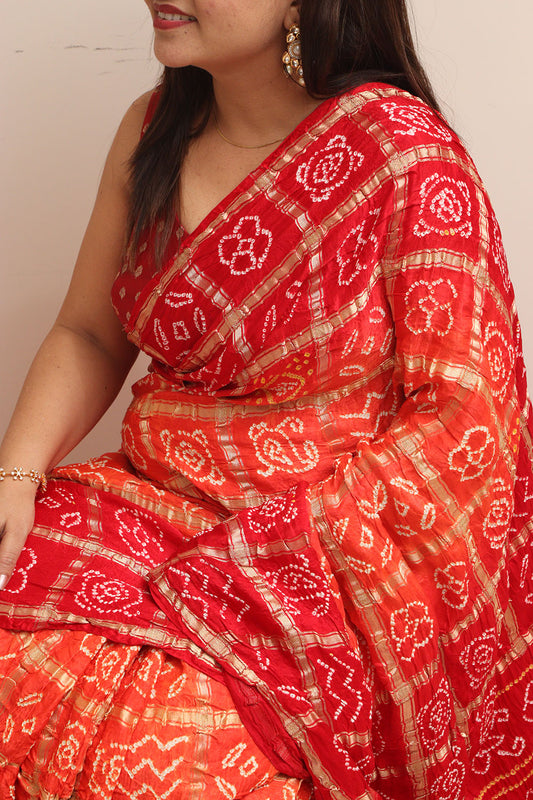 Red & Orange Bandhani Pure Gajji Silk Saree - Luxurion World