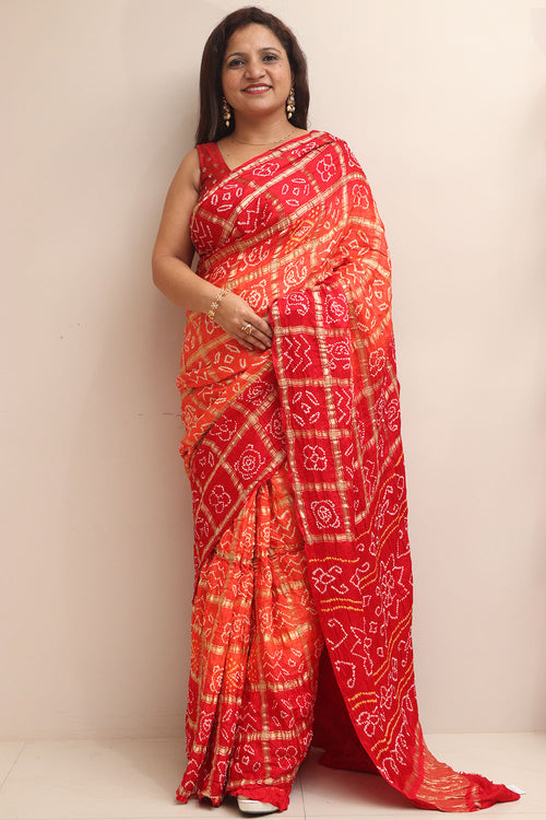 Red & Orange Bandhani Pure Gajji Silk Gharchola Saree - Luxurion World
