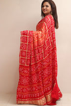 Red & Orange Bandhani Pure Gajji Silk Gharchola Saree - Luxurion World