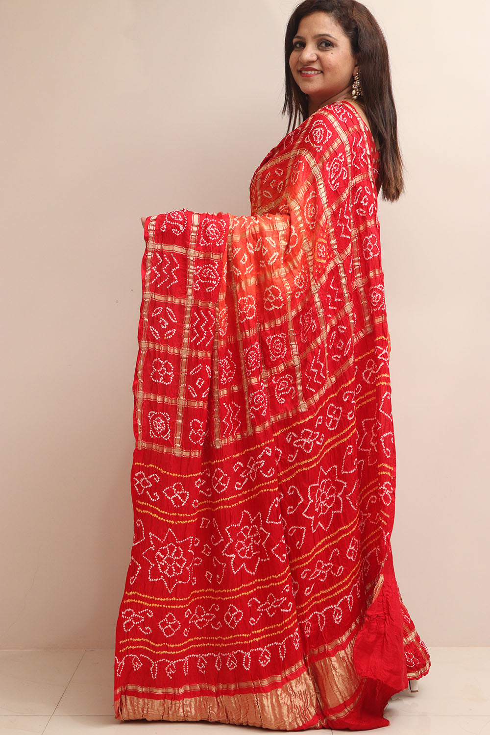 Red & Orange Bandhani Pure Gajji Silk Gharchola Saree - Luxurion World