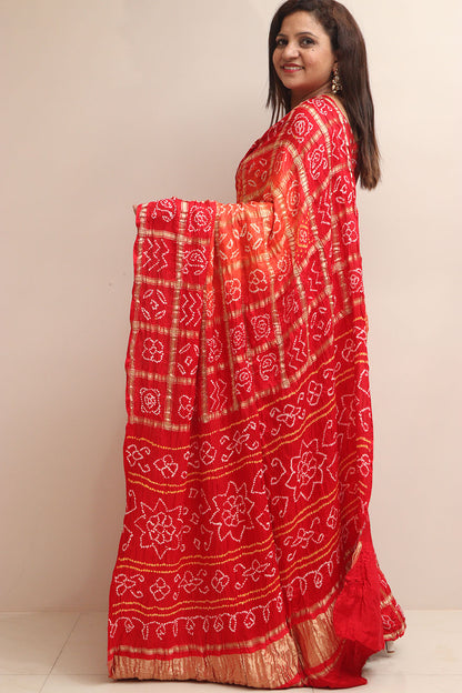 Red & Orange Bandhani Pure Gajji Silk Saree - Luxurion World