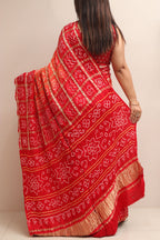 Red & Orange Bandhani Pure Gajji Silk Gharchola Saree - Luxurion World