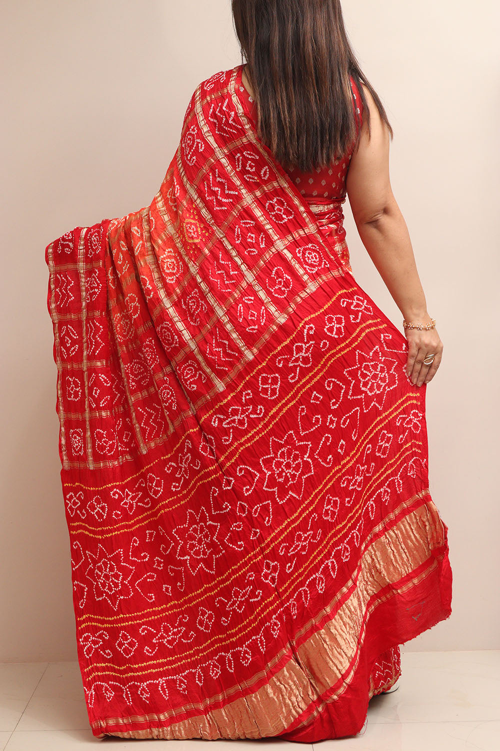 Red & Orange Bandhani Pure Gajji Silk Gharchola Saree - Luxurion World