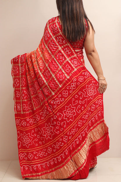 Red & Orange Bandhani Pure Gajji Silk Saree - Luxurion World