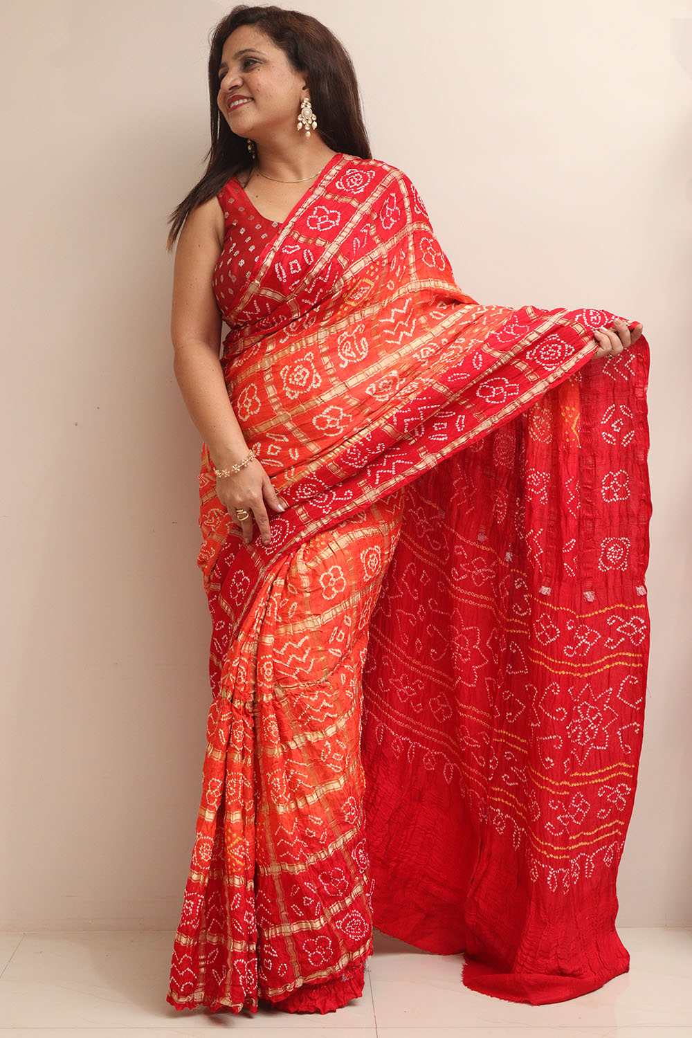 Red & Orange Bandhani Pure Gajji Silk Gharchola Saree - Luxurion World