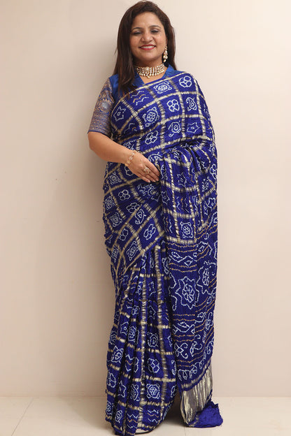 Elegant Blue Bandhani Pure Gajji Silk Saree - Luxurion World