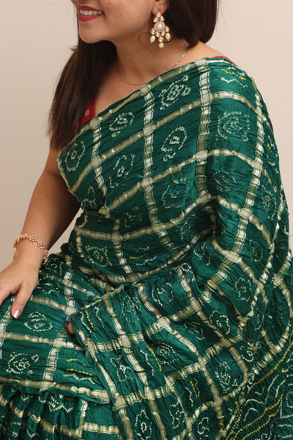 Stunning Green Bandhani Pure Gajji Silk Saree - Luxurion World