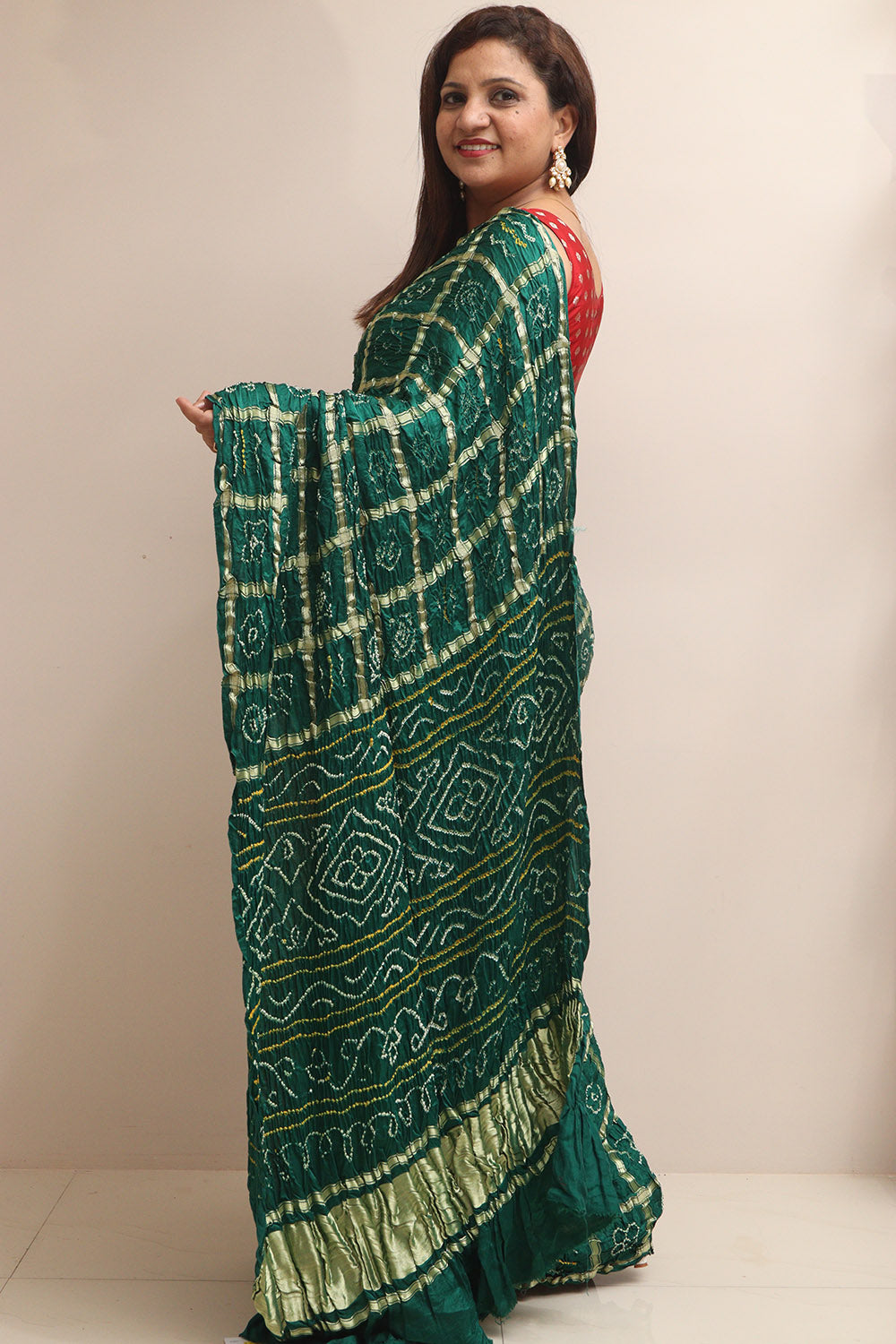 Stunning Green Bandhani Pure Gajji Silk Gharchola Saree - Luxurion World