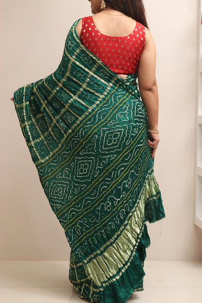 Stunning Green Bandhani Pure Gajji Silk Saree - Luxurion World