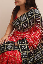 Stunning Red & Black Bandhani Pure Gajji Silk Gharchola Saree - Luxurion World