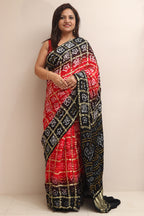 Stunning Red & Black Bandhani Pure Gajji Silk Gharchola Saree - Luxurion World
