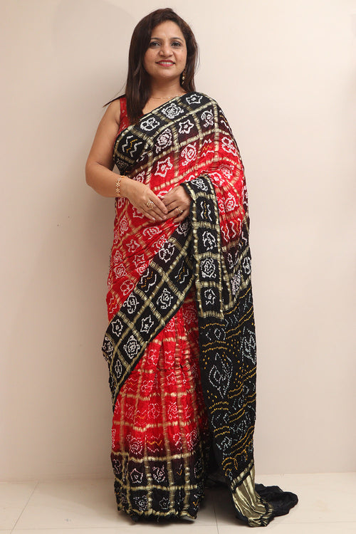Stunning Red & Black Bandhani Pure Gajji Silk Gharchola Saree - Luxurion World