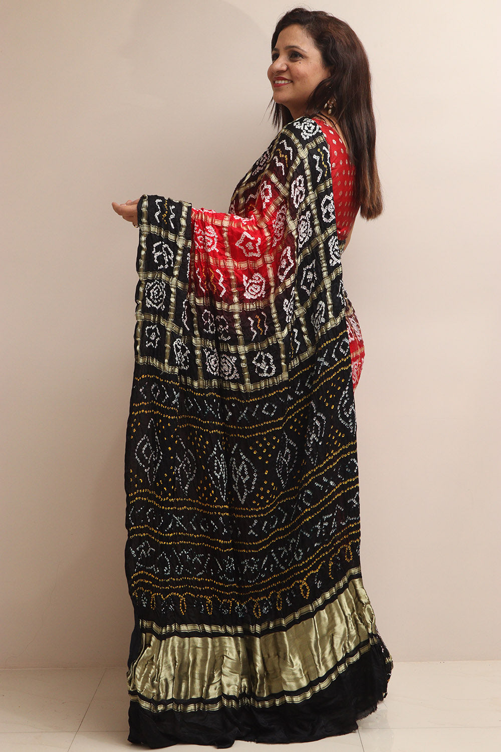 Stunning Red & Black Bandhani Pure Gajji Silk Saree - Luxurion World