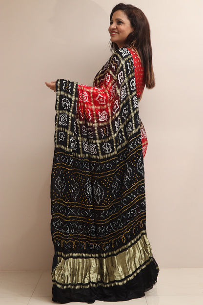 Stunning Red & Black Bandhani Pure Gajji Silk Saree - Luxurion World