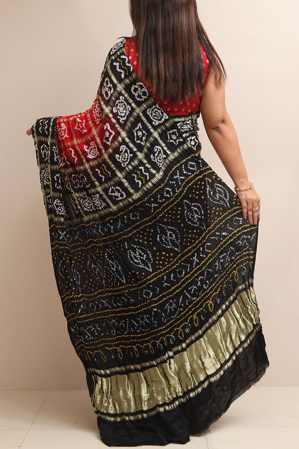 Stunning Red & Black Bandhani Pure Gajji Silk Saree - Luxurion World