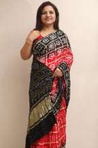 Stunning Red & Black Bandhani Pure Gajji Silk Gharchola Saree - Luxurion World