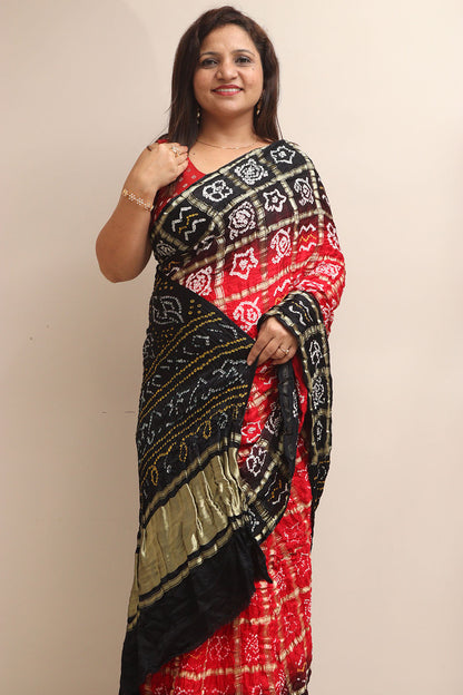 Stunning Red & Black Bandhani Pure Gajji Silk Saree - Luxurion World