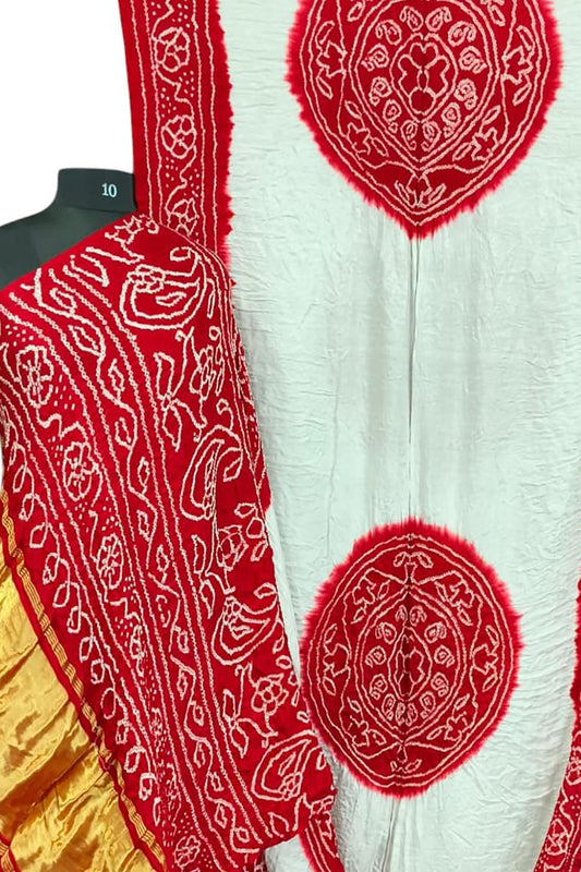 Stunning Red & White Bandhani Gajji Silk Rai Bandhej Saree - Luxurion World