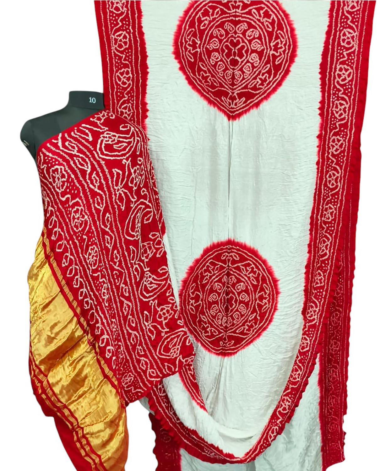 Stunning Red & White Bandhani Gajji Silk Rai Bandhej Saree - Luxurion World