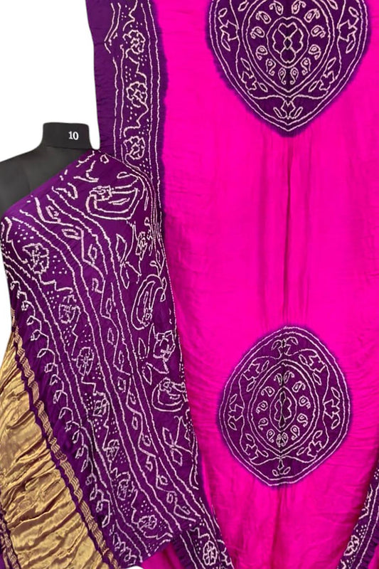 Pink & Purple Bandhani Gajji Silk Rai Bandhej Saree - Luxurion World