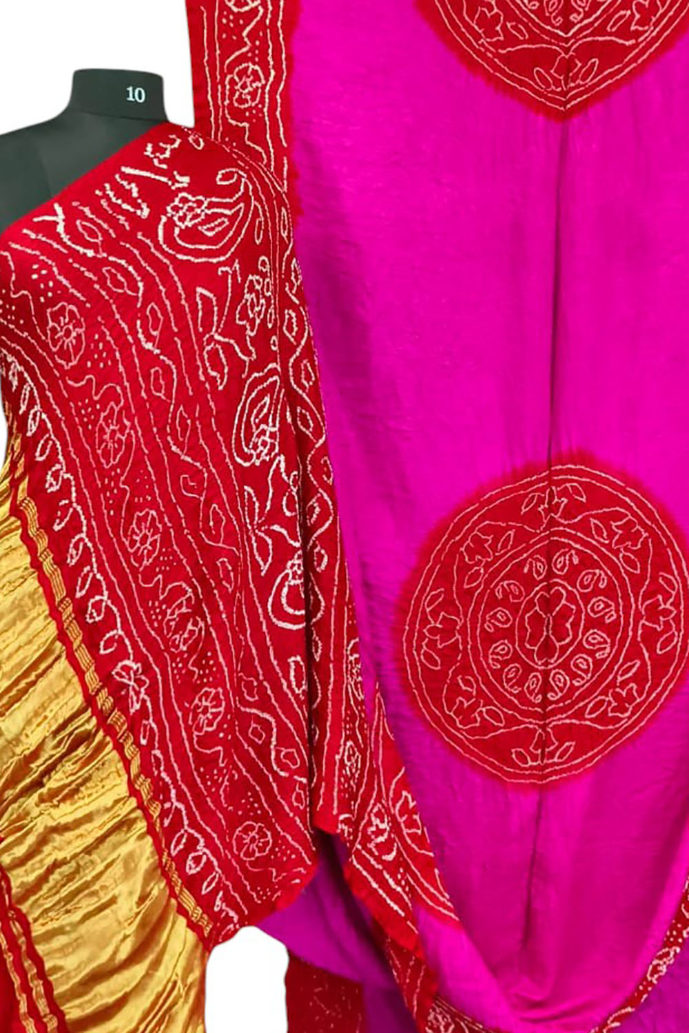 Stunning Pink and Red Bandhani Gajji Silk Rai Bandhej Saree - Luxurion World