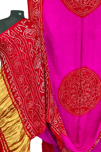 Stunning Pink and Red Bandhani Gajji Silk Rai Bandhej Saree - Luxurion World