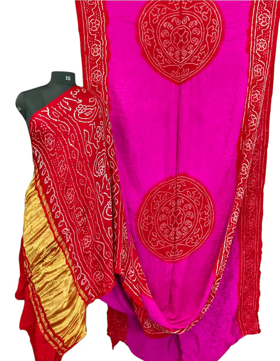 Stunning Pink and Red Bandhani Gajji Silk Rai Bandhej Saree - Luxurion World