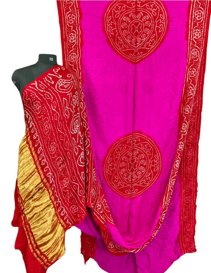 Stunning Pink and Red Bandhani Gajji Silk Rai Bandhej Saree - Luxurion World