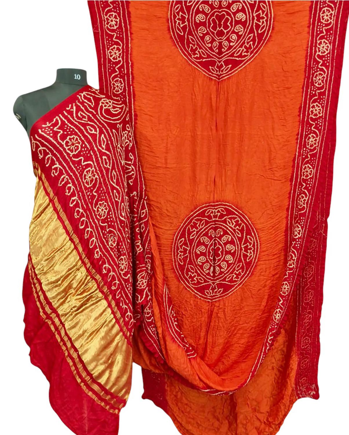 Orange & Red Bandhani Gajji Silk Rai Bandhej Saree - Luxurion World