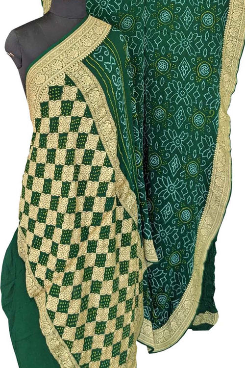 Green Bandhani Hand Bandhej Pure Georgette Saree - Luxurion World