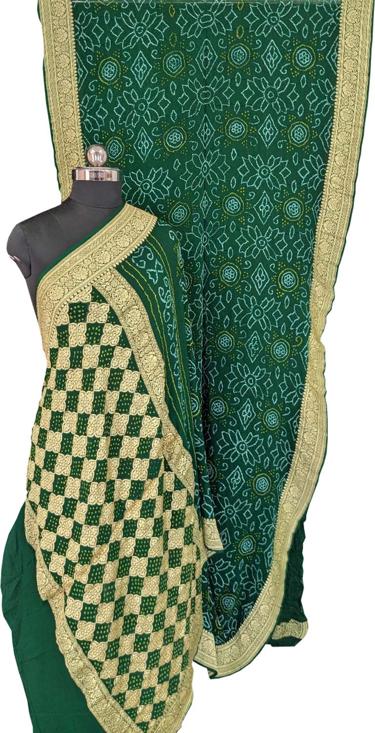 Green Bandhani Hand Bandhej Pure Georgette Saree - Luxurion World