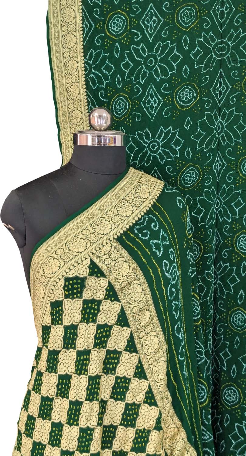 Green Bandhani Hand Bandhej Pure Georgette Saree - Luxurion World
