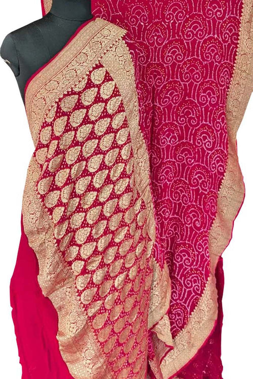 Stunning Pink Bandhani Hand Bandhej Pure Georgette Saree - Luxurion World