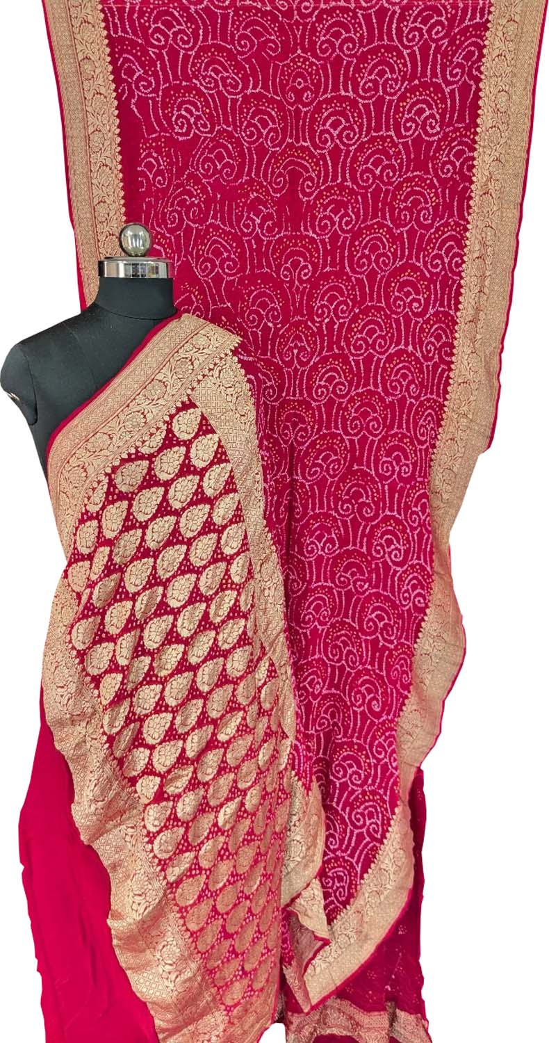 Stunning Pink Bandhani Hand Bandhej Pure Georgette Saree - Luxurion World