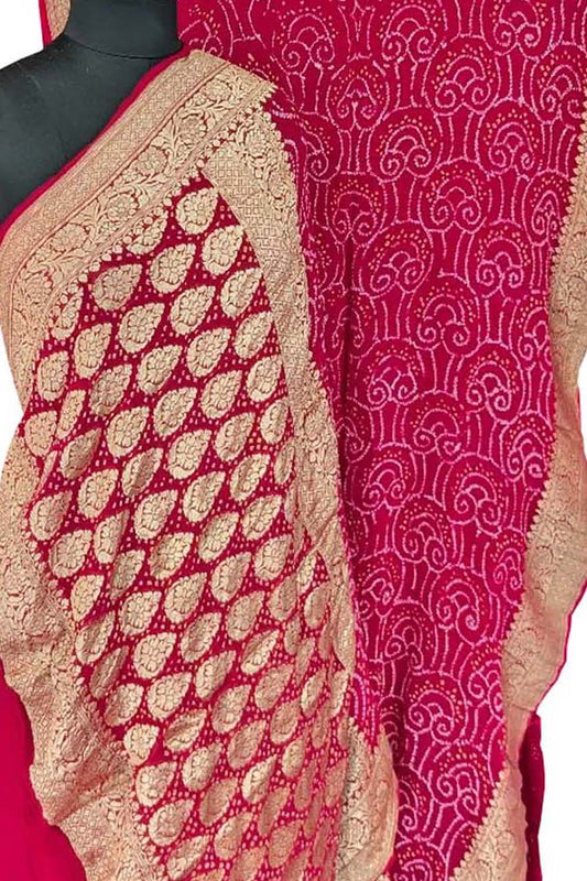 Stunning Pink Bandhani Hand Bandhej Pure Georgette Saree - Luxurion World