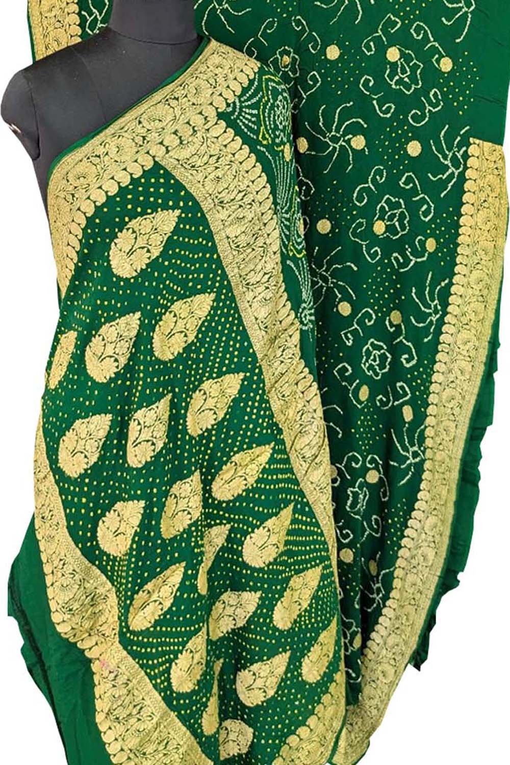 Green Bandhani Rai Bandhej Pure Georgette Saree - Luxurion World