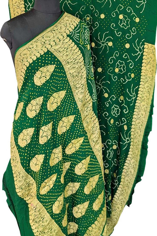 Green Bandhani Rai Bandhej Pure Georgette Saree - Luxurion World