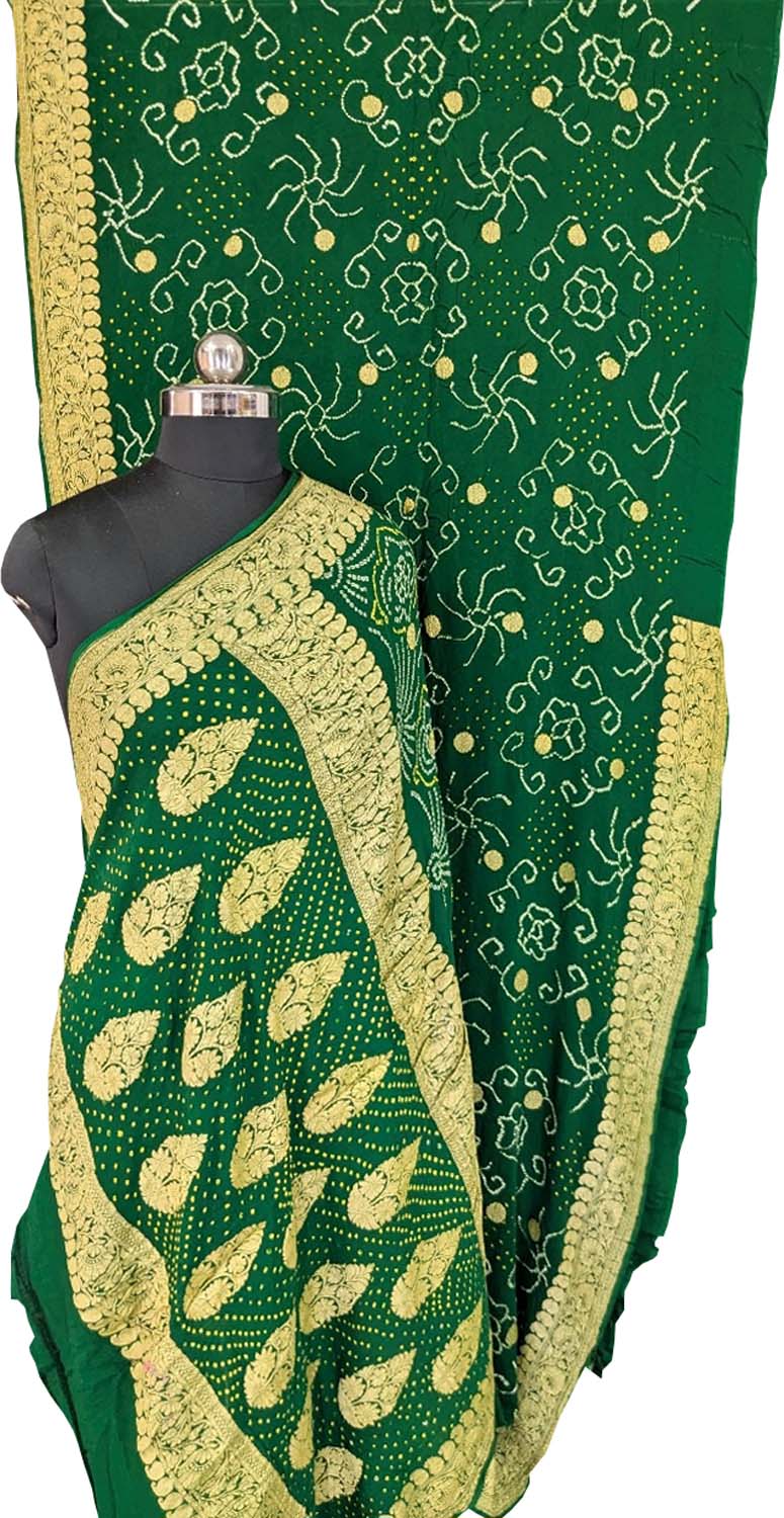 Green Bandhani Rai Bandhej Pure Georgette Saree - Luxurion World