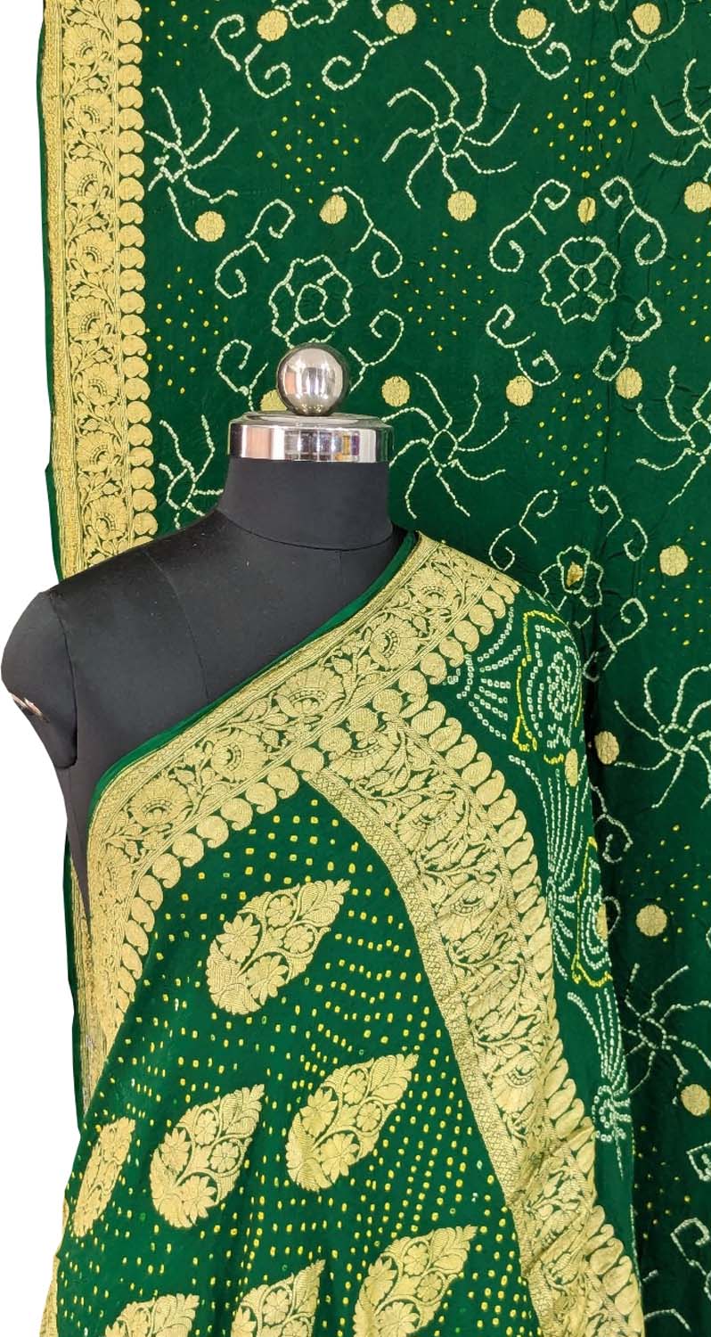 Green Bandhani Rai Bandhej Pure Georgette Saree - Luxurion World